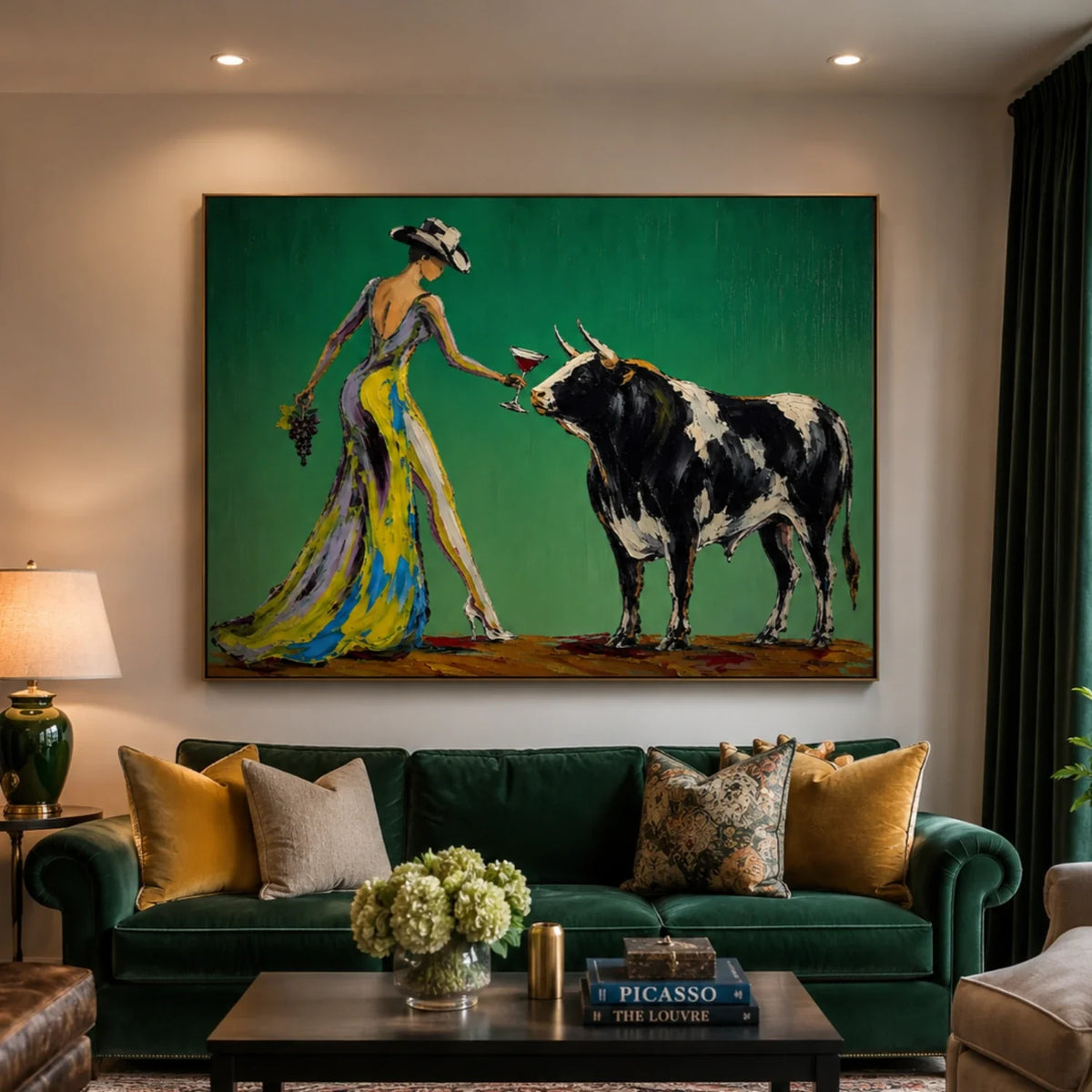 Matadora cowgirl and bull canvas wall art featuring a lady with a wine glass facing a bull on green background