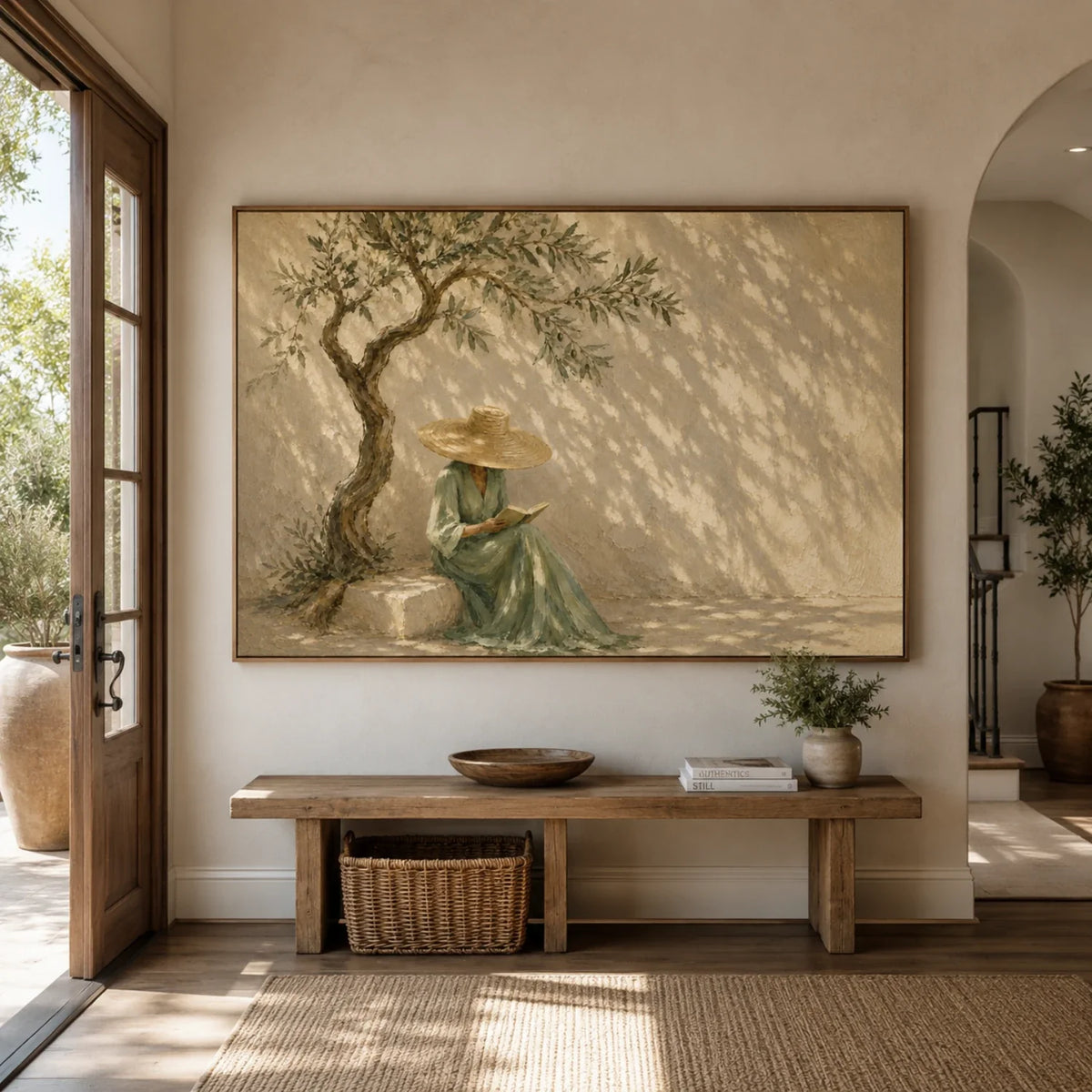 Textured olive tree figure plaster wall decor framed above a natural wood headboard in a quiet master bedroom