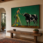 Bold emerald green Western cowgirl canvas painting displayed above a cognac leather sofa in a modern rustic living room