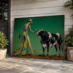 Eclectic cowgirl and bull artwork mounted over a dark wood entryway console table in a sunlit foyer