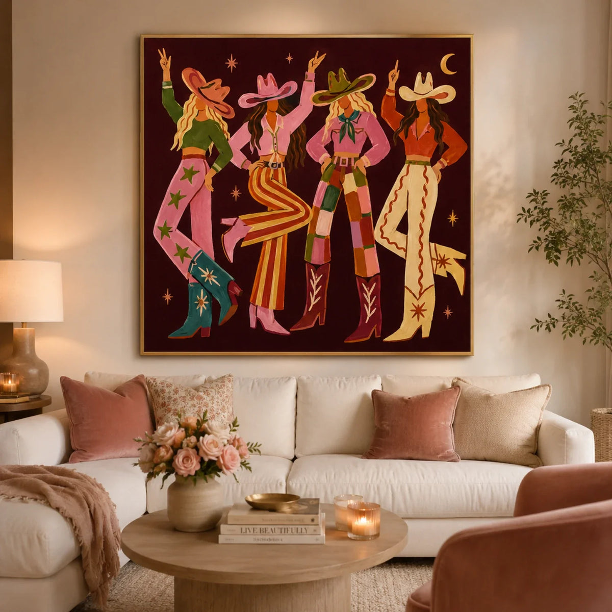 Trendy western girls textured wall decor styled on a wooden console table in a stylish entryway