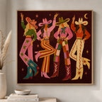 Chic desert disco vintage figure plaster painting displayed above the headboard in a trendy western bedroom