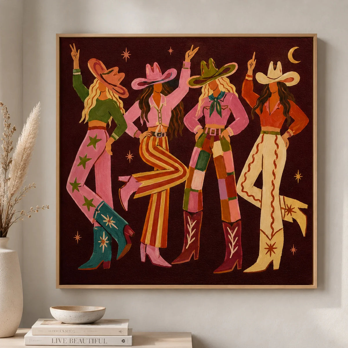 Chic desert disco vintage figure plaster painting displayed above the headboard in a trendy western bedroom