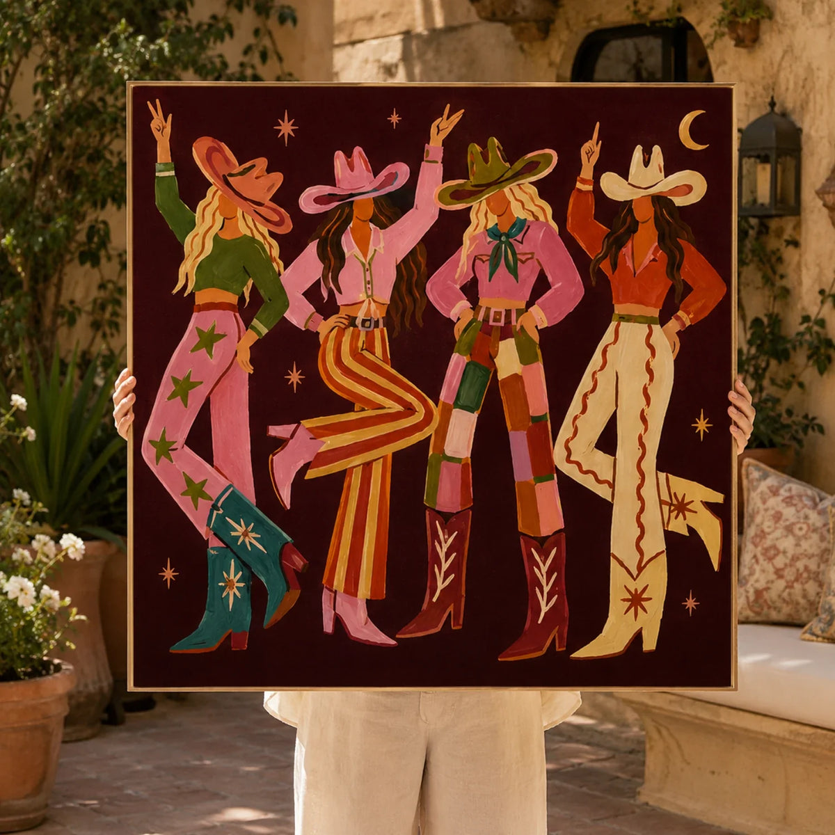Desert Disco vintage figure textured wall art featuring colorful retro western girls and cowboy boots
