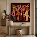 Pink and burgundy retro figure aesthetic canvas art displayed above a desk in a colorful home office