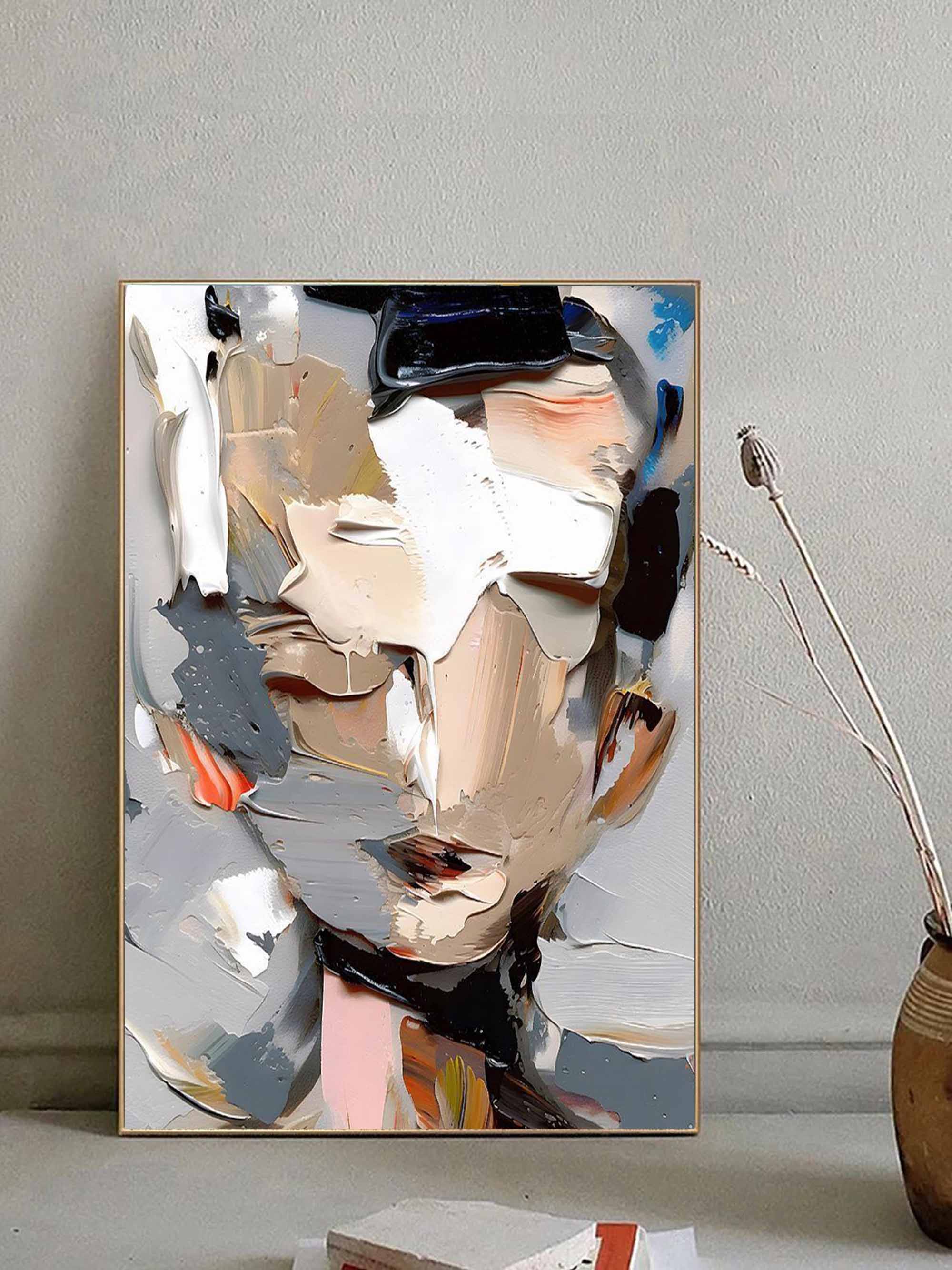 Vibrant colorful impasto texture portrait canvas display over a nightstand in a high-end bedroom