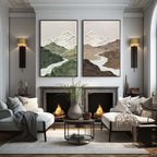 Contemporary oversized 2 piece earthy tone scenery piece flawlessly enhancing a transitional style high fireplace mantel.