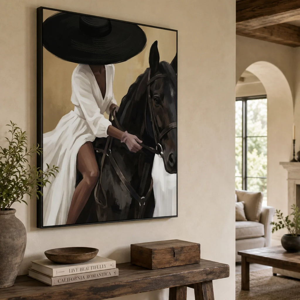Vintage Western equine canvas art creating a bold focal point over an oak sideboard in a dining space