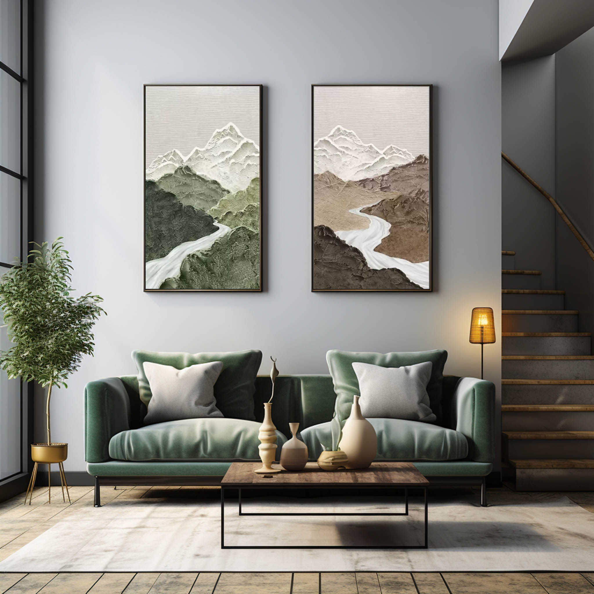 Pair of vertical abstract landscape canvas prints beautifully framed and hung side by side above a living room sofa.