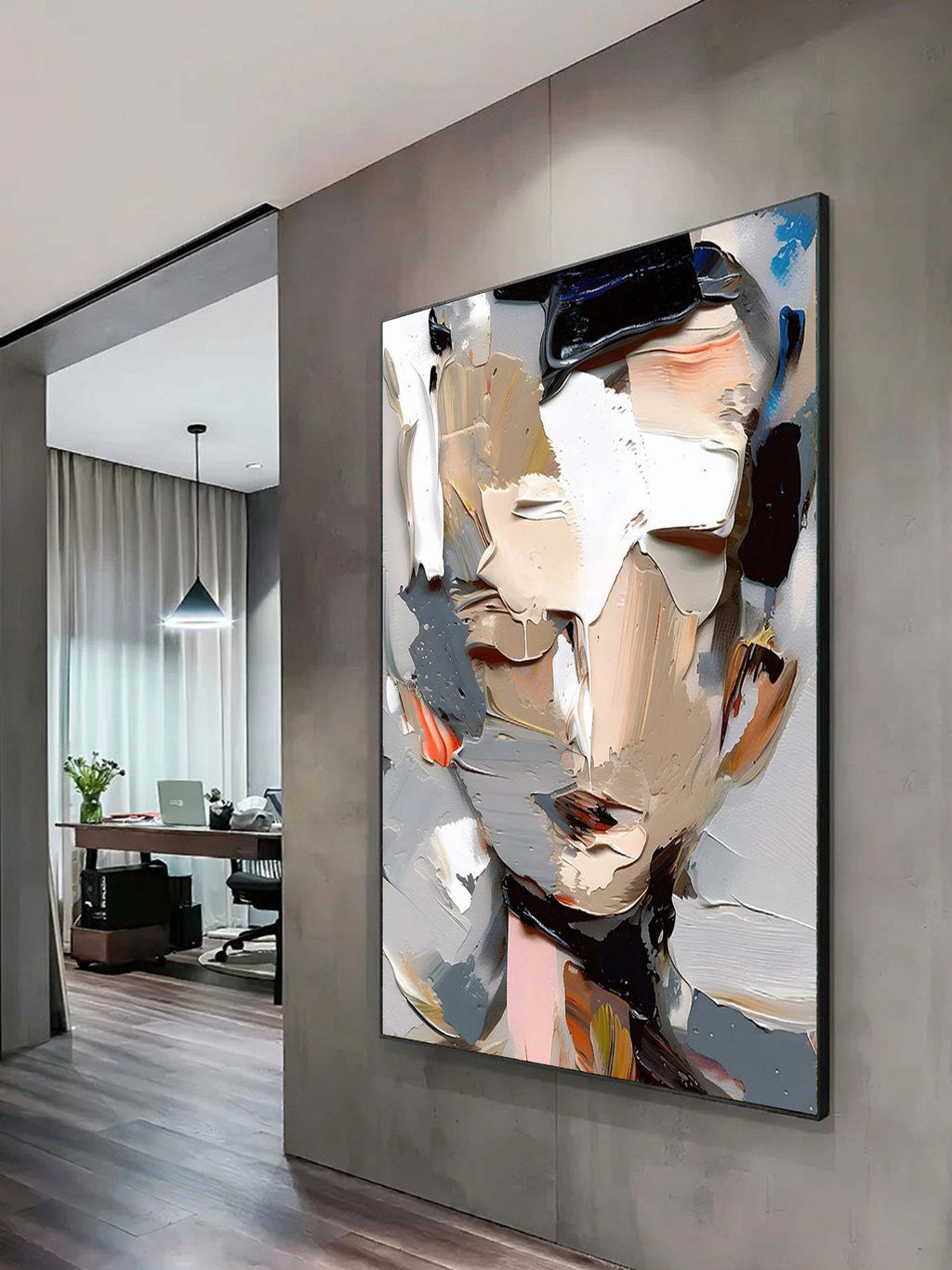 Feminine bold stroke abstract profile artwork hanging on a neutral tone entryway gallery wall