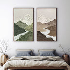 Sophisticated matching set of two horizontal neutral textured artworks adding rustic elegance and warmth to a dining room.