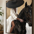 Chic Western equine woman canvas painting displayed above a cognac leather sofa in a modern rustic living room