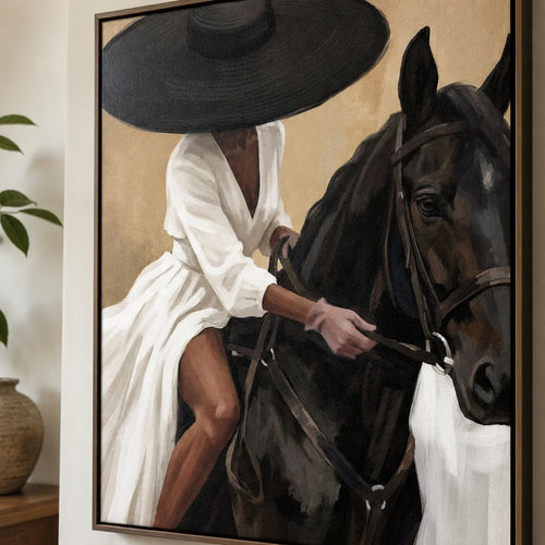 Chic Western equine woman canvas painting displayed above a cognac leather sofa in a modern rustic living room