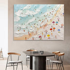 Vibrant coastal aesthetic canvas painting leaning on a minimalist wooden console table in a bright entryway hallway.