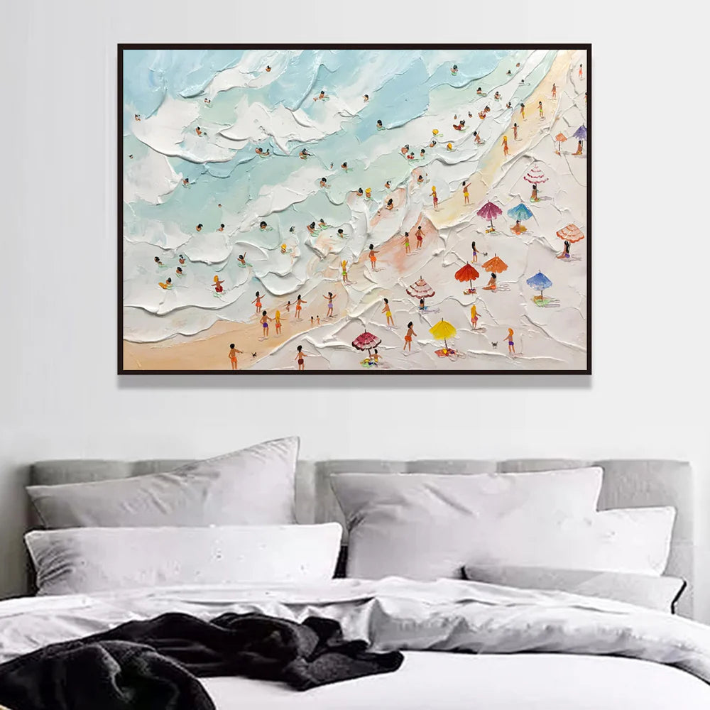 Playful summer beach illustration with heavy textured white palette knife seafoam artwork inside a sunlit sunroom.