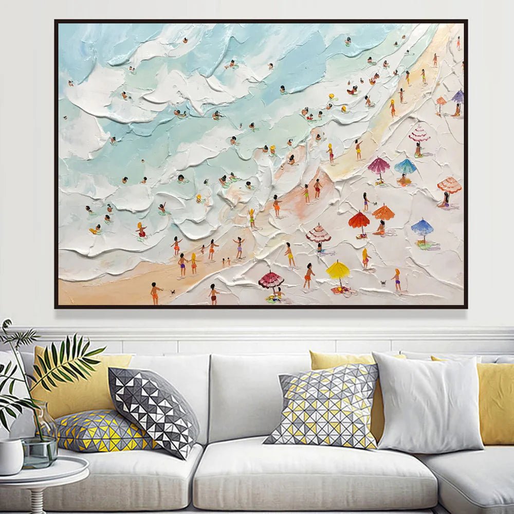 Contemporary multi-colored seaside landscape hanging as a central focal point in a mid-century modern cottage bedroom.