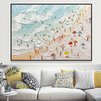 Contemporary multi-colored seaside landscape hanging as a central focal point in a mid-century modern cottage bedroom.