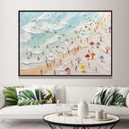 Thick impasto ocean wave painting adding cheerful energy and coastal charm to a minimalist coastal hotel lounge.