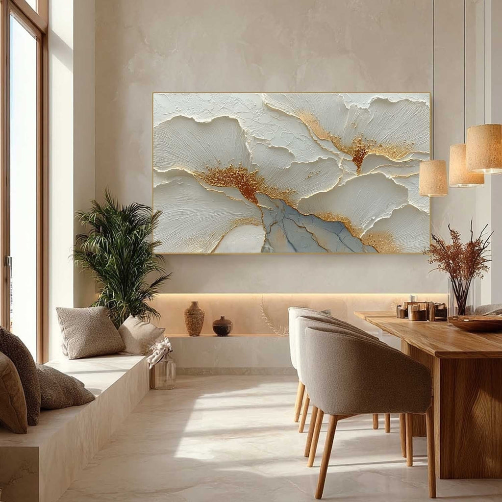 3D plaster floral wall art with elegant gold foil accents styling a luxury dining room wall
