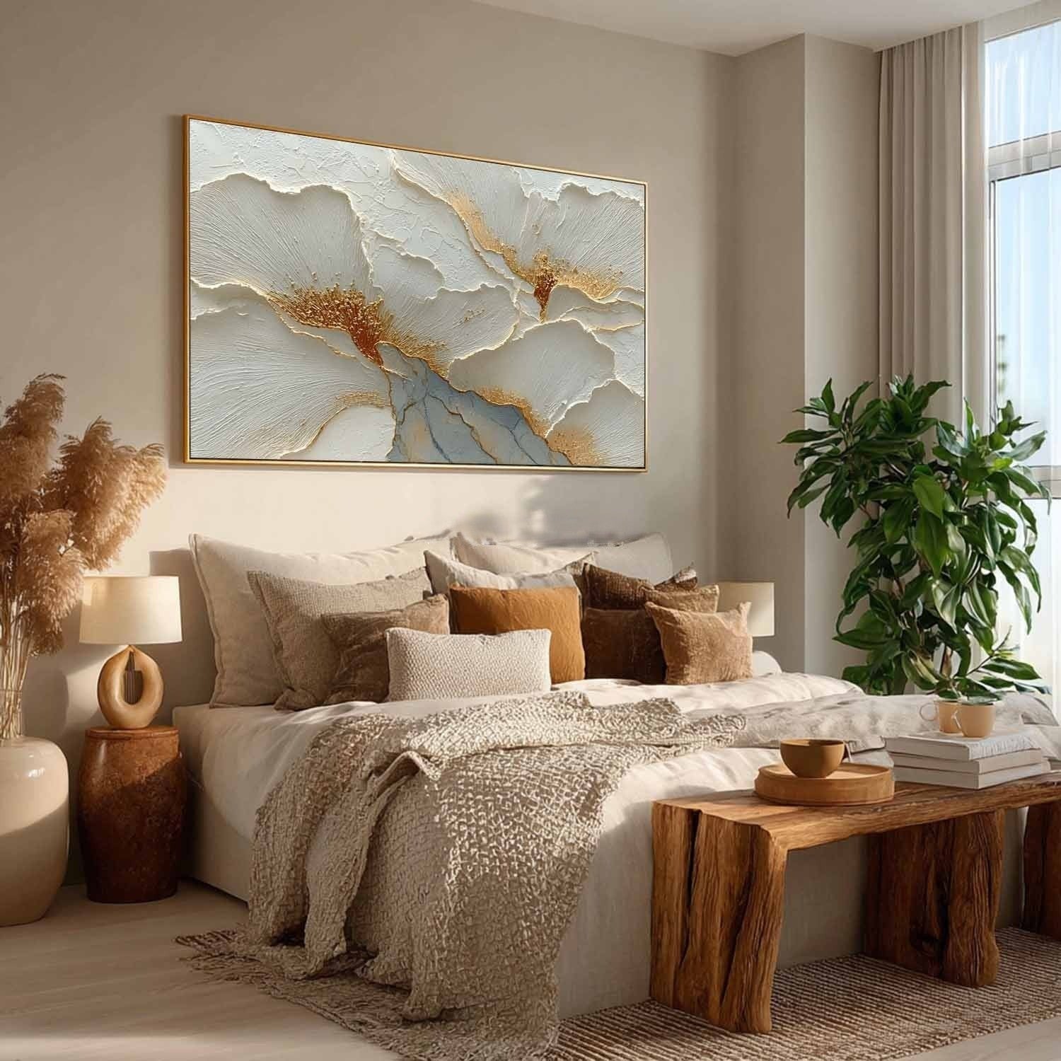 Cozy bedroom decor featuring minimalist neutral abstract textured flower artwork above the bed