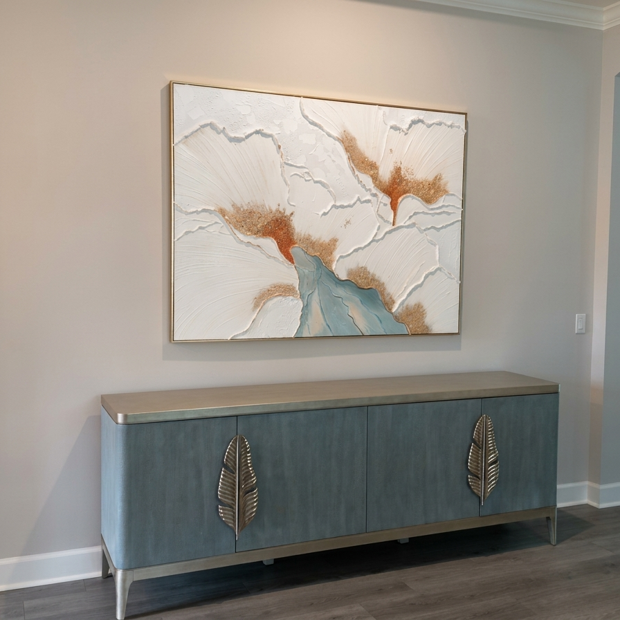 3D plaster floral wall art with elegant gold foil accents styling a luxury entryway wall