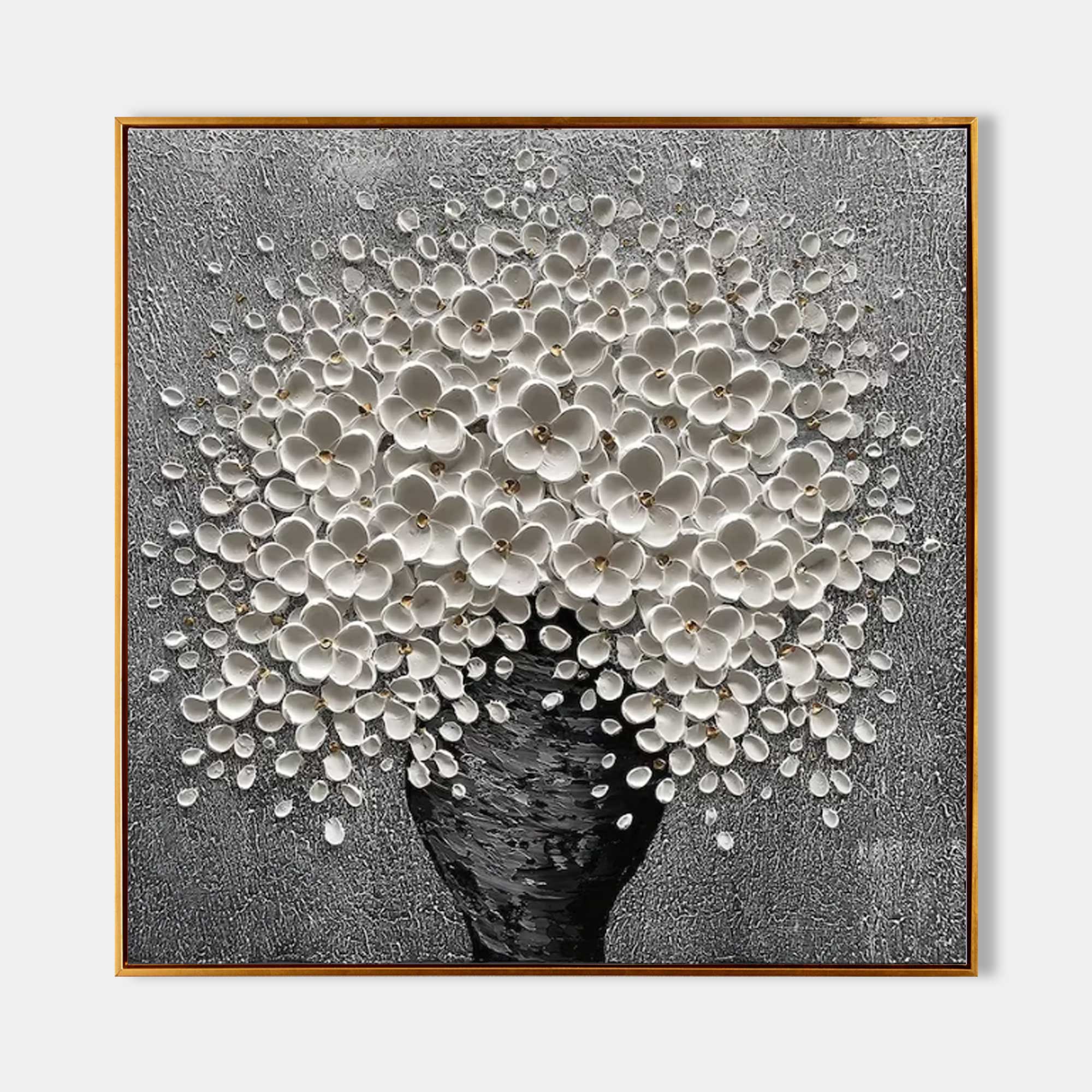 Parge Art Blossom textured floral wall art with 3D white blossom palette knife texture and gold frame