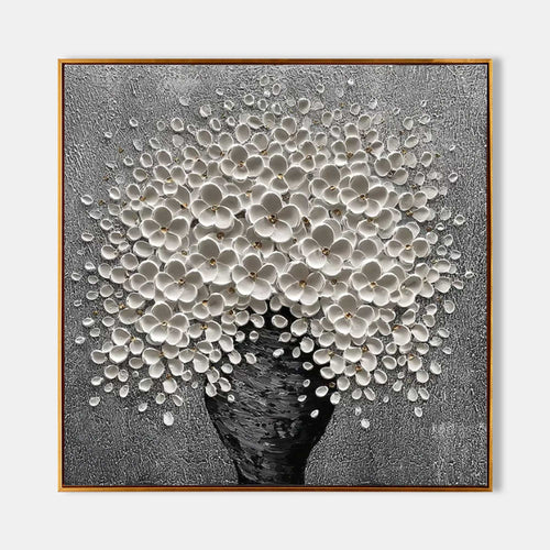 Parge Art Blossom textured floral wall art with 3D white blossom palette knife texture and gold frame