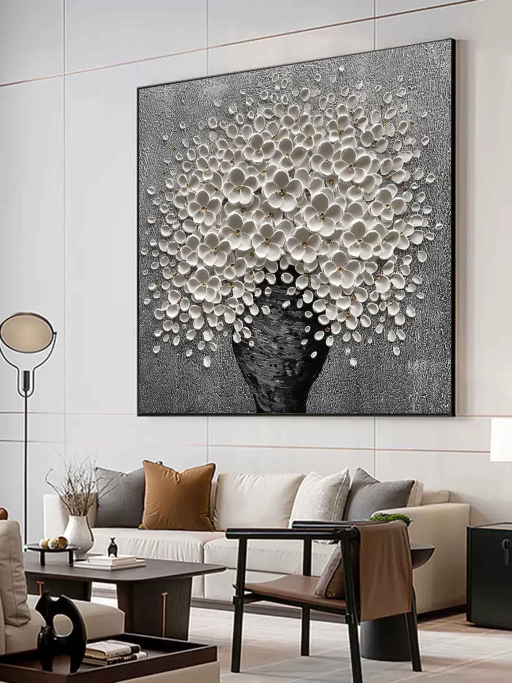 Silver grey textured floral oil painting display over a designer nightstand in a high-end bedroom