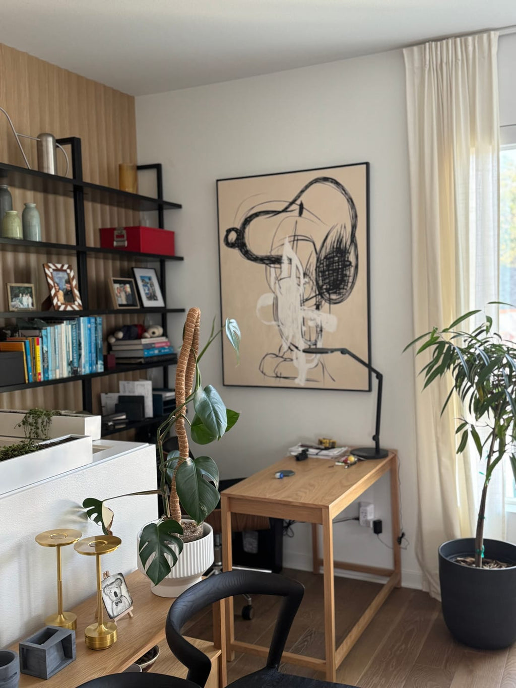 Large beige POP abstract wall art painting to hang in a modern home office.