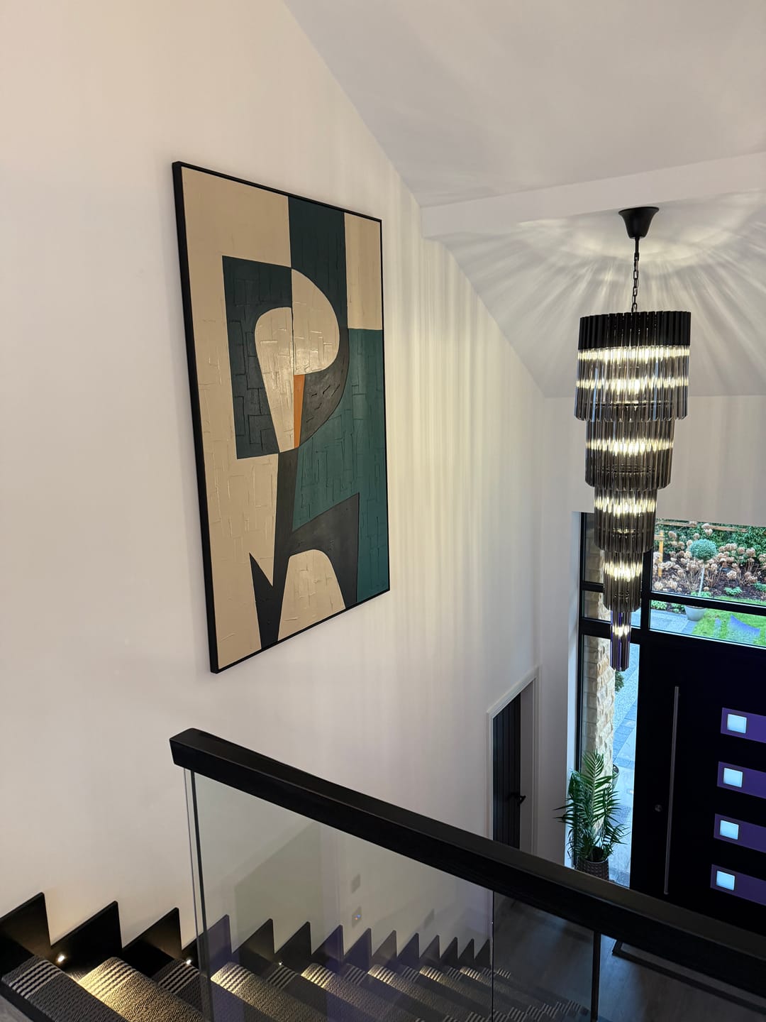 Green Wabi-Sabi large Abstract Wall Art painting Hanging on the Staircase Wall