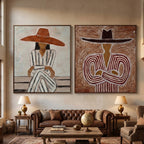 Southwestern abstract figure wall art set decor in a warm desert-inspired dining room space