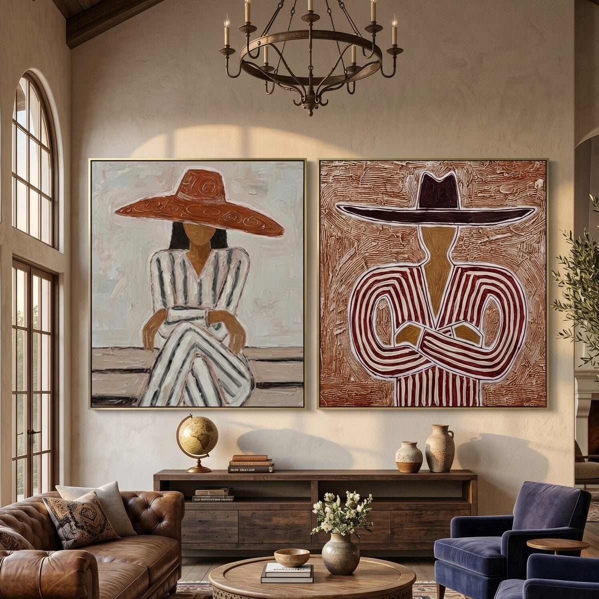 Duo Western Figure Wall Art Set of 2 featuring 3D textured cowboy and cowgirl plaster paintings