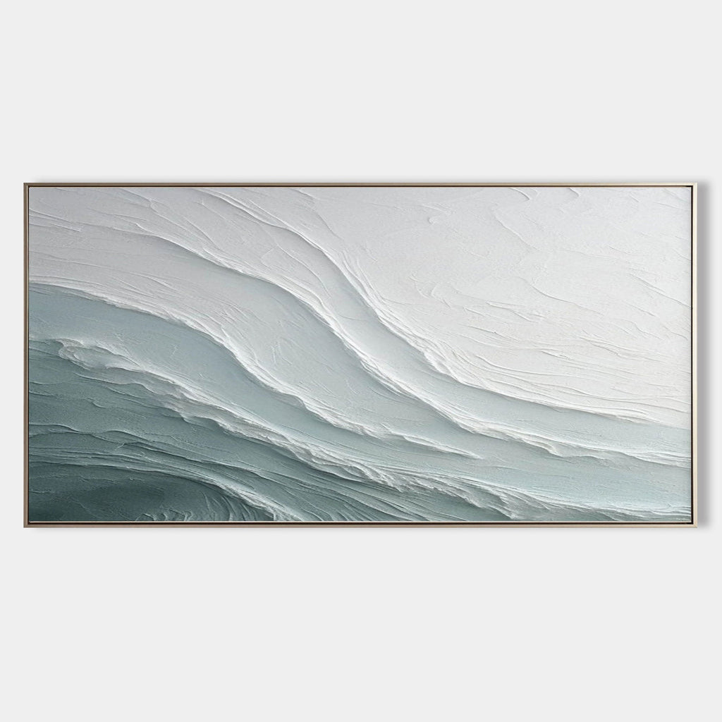 Ebb wabi-sabi textured horizontal wall art featuring soft wave-like layered neutral blue gradient texture