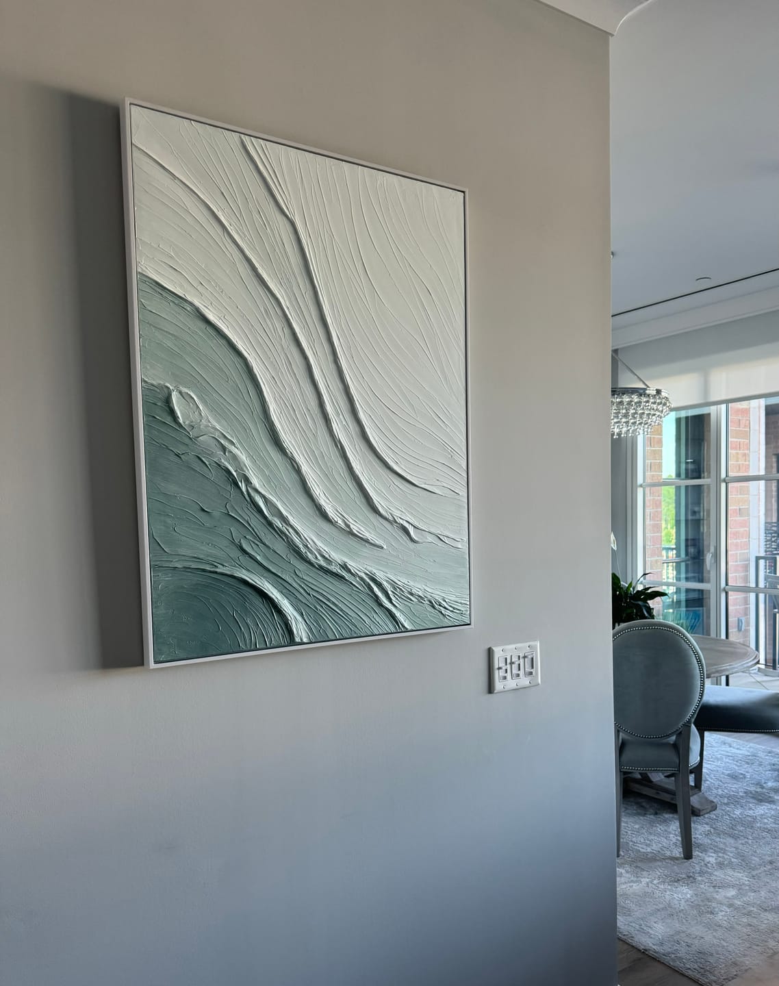 Ebb Wabi-Sabi Textured Wall Art as part of a modern living room wall setup with other abstract artworks