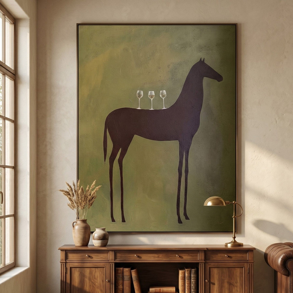 Equinox green horse plaster wall art featuring a dark horse with wine glasses on olive background by Parge Art.