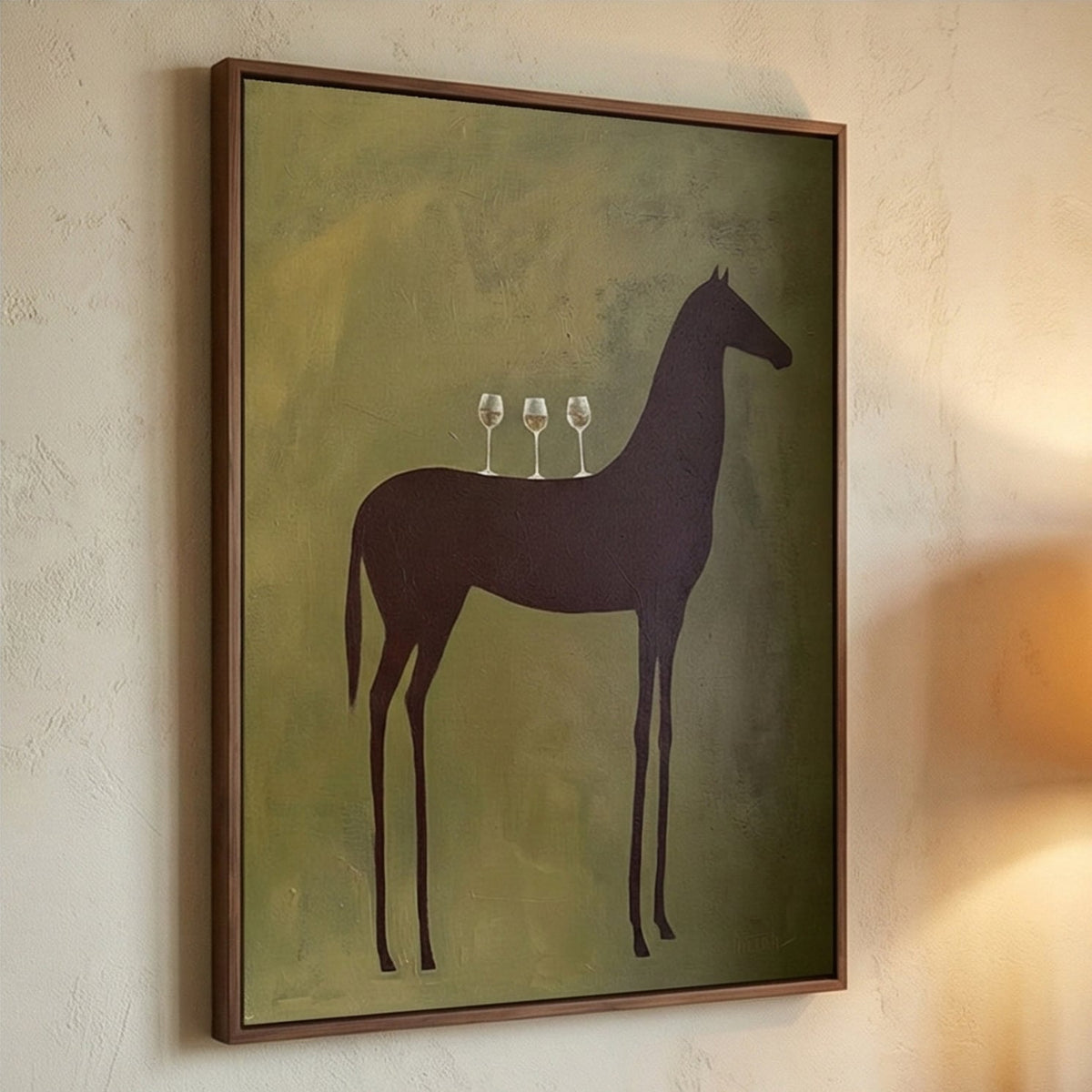 Green folk style horse plaster wall art adding a sophisticated touch over a living room leather sofa.