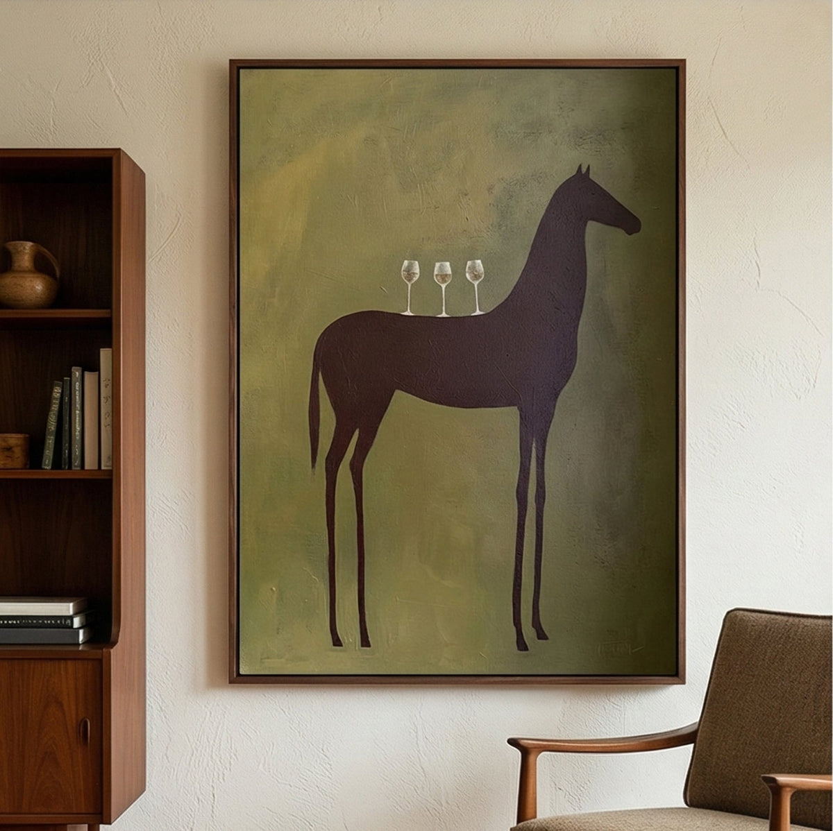 Surreal green horse plaster canvas art with wine glasses effortlessly accenting a dining room wine bar cabinet.