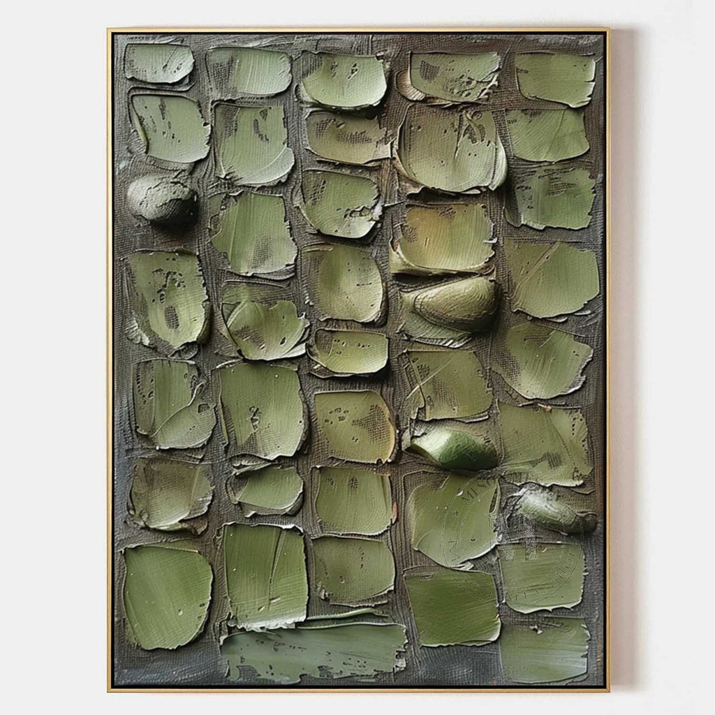 Foliage Wabi-Sabi green wall art featuring sage abstract leaf strokes on textured canvas by Parge Art.