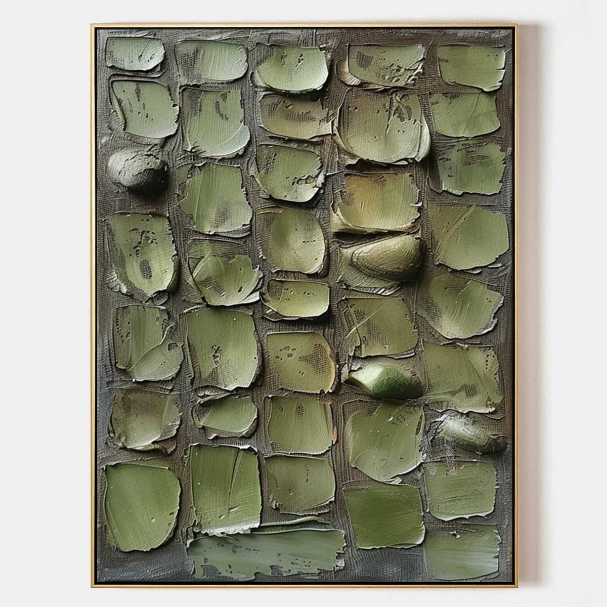 Foliage Wabi-Sabi green wall art featuring sage abstract leaf strokes on textured canvas by Parge Art.