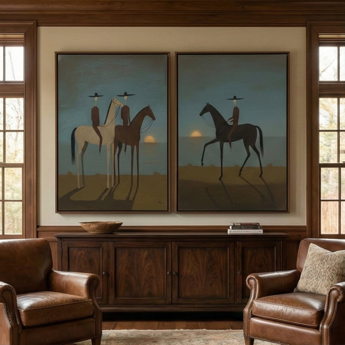 Modern folk Western 2 piece wall art set mounted side by side over a rustic wooden console table in an entry foyer