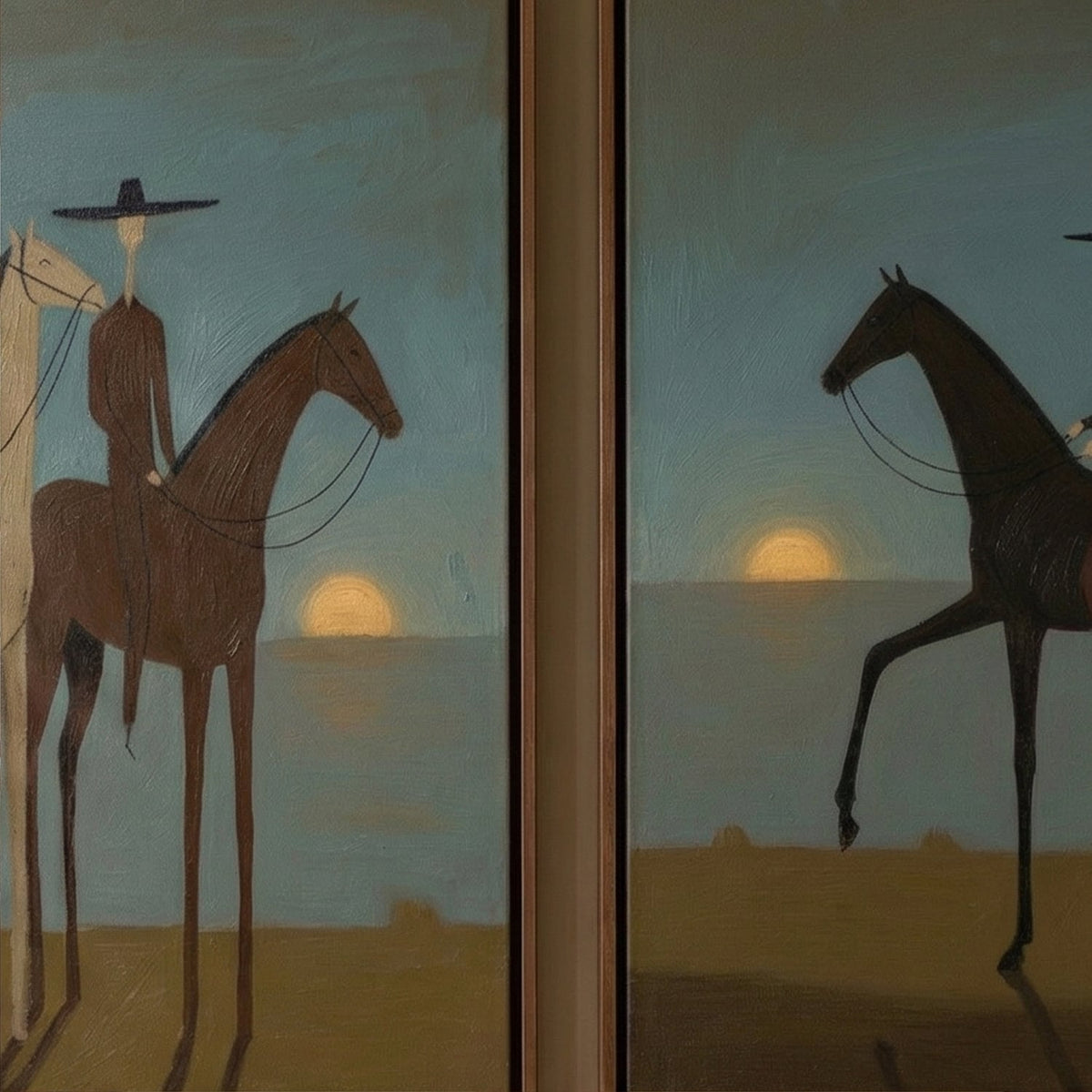 Atmospheric Western equestrian 2-piece canvas art creating a focal point above a sideboard in a dining room