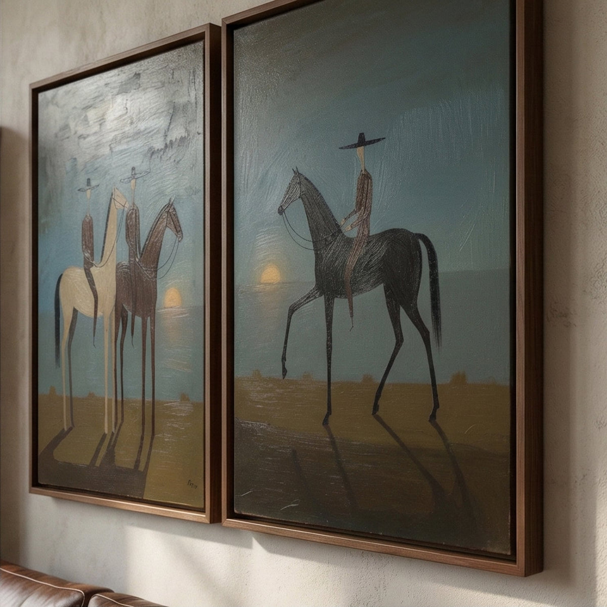 Set of 2 Western cowboy riders canvas paintings displayed above a brown leather sofa in a rustic modern living room