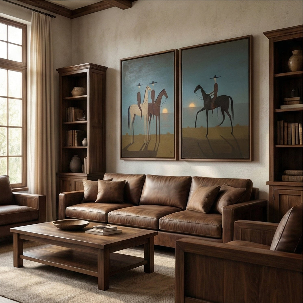Southwestern cowboy riders canvas set framed above a dark wood headboard in a cozy master bedroom