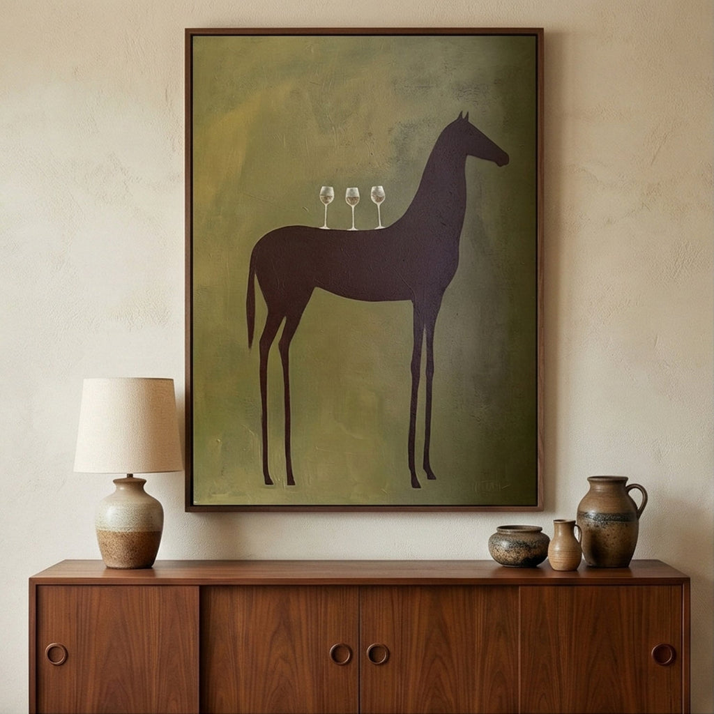 Minimalist green horse plaster figure painting bringing earthy texture above a dark wood master bedroom dresser.