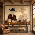 Drifter Western cowboy figure canvas wall art featuring two abstract cowboys drinking coffee on beige plaster background