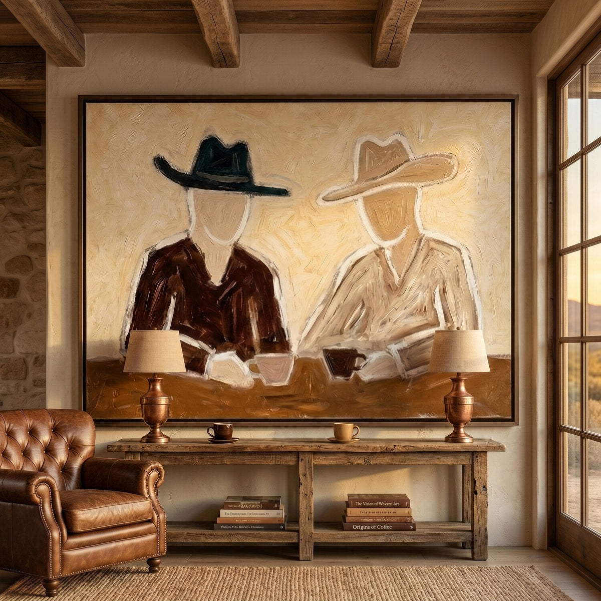 Drifter Western cowboy figure canvas wall art featuring two abstract cowboys drinking coffee on beige plaster background