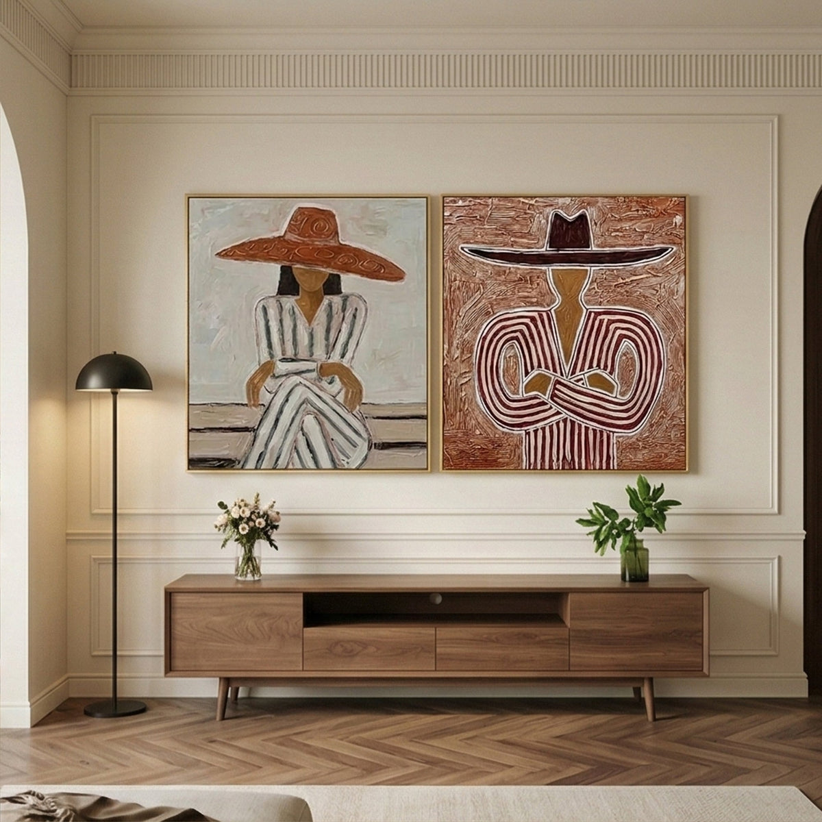 Modern rustic Western figure plaster wall art set presented in a stylish minimalist home office