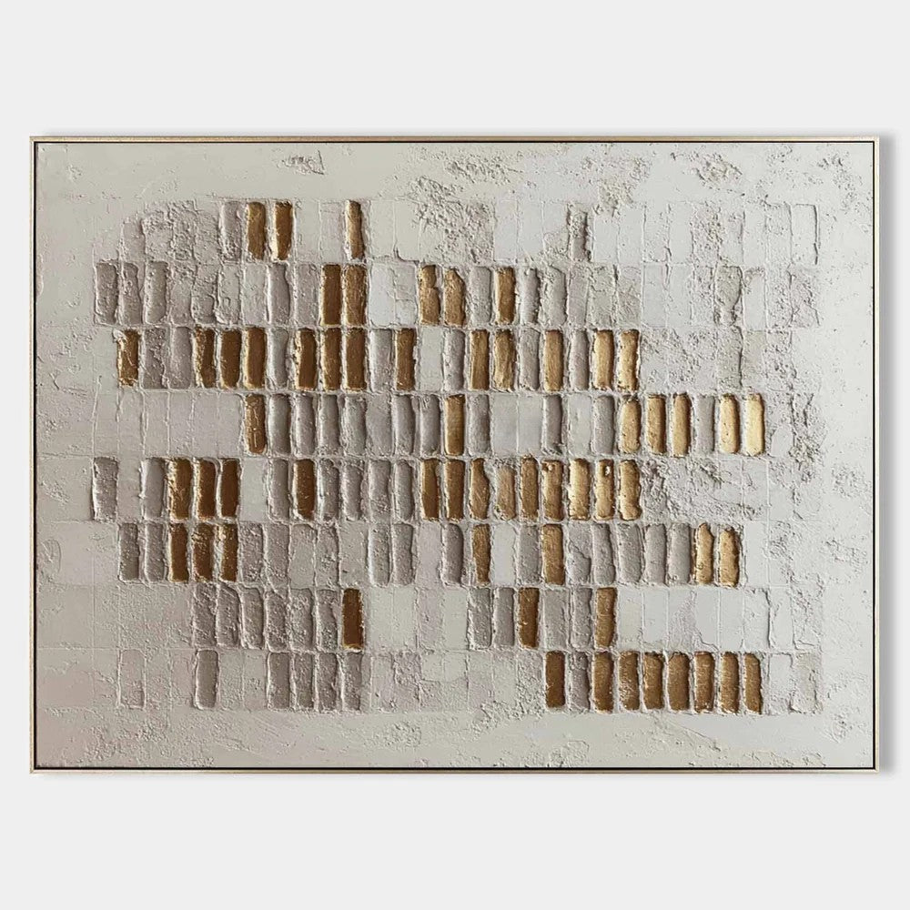 Glimmer Wabi-Sabi grid wall art featuring cream textured bricks with gold foil accents on canvas by Parge Art.