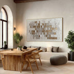 Modern luxury white and gold heavy texture block painting creating a warm elegant aesthetic over a bedroom bed.