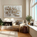 Contemporary textured rectangular motif art piece enhancing a sleek, neutral-toned dining room gallery wall.